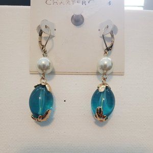 GOLD TONE PEARL AND AQUA STONE DROP EARRINGS